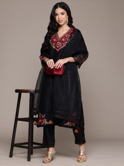 Aarke Ritu Kumar - Black Flora Kurta with Pant and Dupatta (Set of 3)
