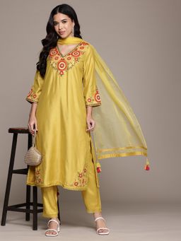 Aarke Ritu Kumar - Lime Green Flora Kurta with Pant and Dupatta (Set of 3)