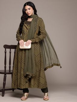 Aarke Ritu Kumar - Green Kirti Anarkali Kurta with Pant and Dupatta (Set of 3)