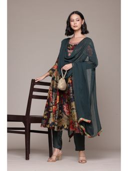 Aarke Ritu Kumar - Green Flower Bloom Anarkali Kurta with Pant and Dupatta (Set of 3)