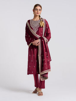 Rustorange - Maroon Embroidered Makhmali Velvet Kurta with Pant and Dupatta (Set of 3)