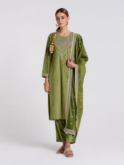 Rustorange - Olive Embroidered Gulzar Velvet Kurta with Pant and Dupatta (Set of 3)
