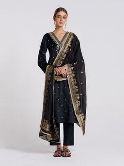 Rustorange - Black Varak Embroidered Velvet Kurta with Pant and Dupatta (Set of 3)
