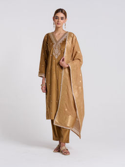 Rustorange - Brown Ochre Varak Embroidered Velvet Kurta with Pant and Dupatta (Set of 3)