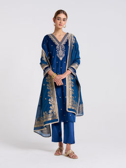 Rustorange - Royal Blue Varak Embroidered Velvet Kurta with Pant and Dupatta (Set of 3)