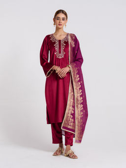 Rustorange - Maroon Embroidered Noor Velvet Kurta with Pant and Dupatta (Set of 3)