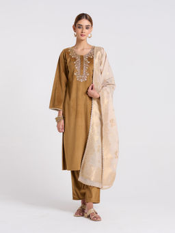 Rustorange - Brown Ochre Embroidered Noor Velvet Kurta with Pant and Dupatta (Set of 3)