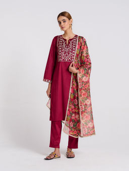 Rustorange - Maroon Embroidered Phulwari Velvet Kurta with Pant and Dupatta (Set of 3)