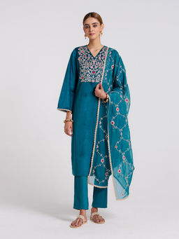 Rustorange - Teal Embroidered Gulzar Velvet Kurta with Pant and Dupatta (Set of 3)