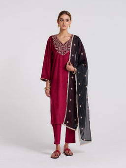 Rustorange - Maroon Blue Embroidered Amara Velvet Kurta with Pant and Dupatta (Set of 3)