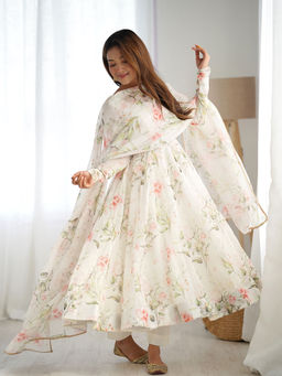 JATRIQQ - Pure Soft Organza Silk with Flower Print Anarkali and Pant with Dupatta (Set of 3)