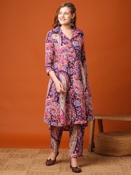 FASHOR - Ethnic Floral Printed Paneled Kurta with Pant (Set of 2)