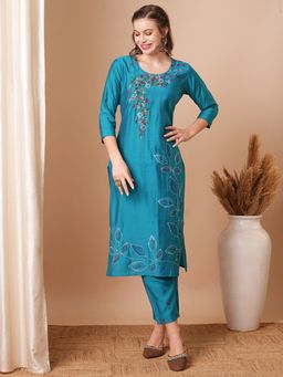 FASHOR - Solid Floral Hand Embroidered and Painted Straight Fit Kurta with Pant (Set of 2)