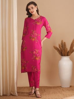 FASHOR - Ethnic Floral Printed and Embroidered Straight Fit Kurta with Pant (Set of 2)