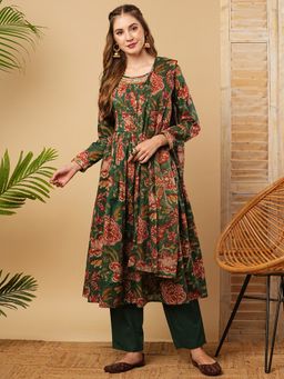 FASHOR - Floral Block Printed Mirror Embroidered Pleated Kurta with Pants and Dupatta (Set of 3)