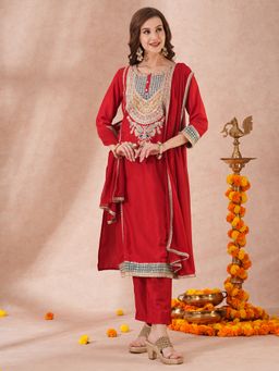 FASHOR - Solid Ethnic Embroidered Straight Fit Kurta with Pant and Dupatta (Set of 3)