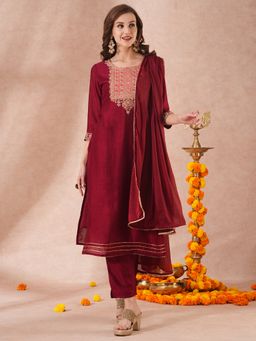 FASHOR - Solid Ethnic Embroidered Straight Fit Kurta with Pant and Dupatta (Set of 3)