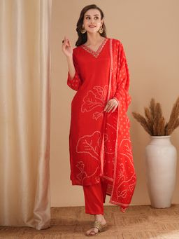 FASHOR - Bandhani Printed and Embroidered Straight Fit Kurta with Pant and Dupatta (Set of 3)