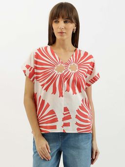United Colors of Benetton - Coral V-Neck Printed Regular Top