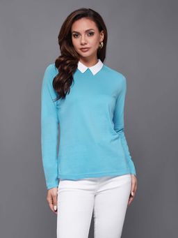 Miss Chase - Women'S Sky Blue Shirt Collar Full Sleeve Cotton Top