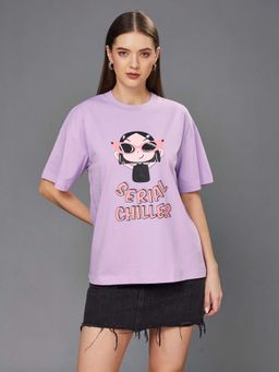 Miss Chase - Women'S Lavender Round Neck Half-Sleeve Oversized Cotton T-Shirt
