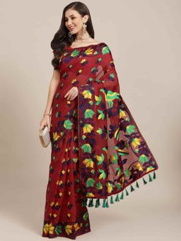 Silk Land - Woven Jamdani Saree with Unstiched Blouse Piece Maroon with Unstitched
