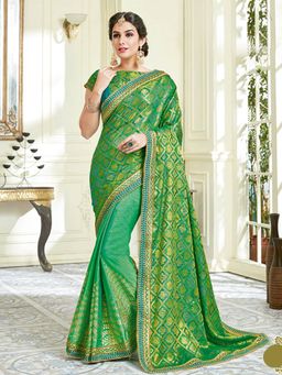 Odette - Green Dual Tone Silk Jacquard Silk Designer Saree with Unstitched Blouse