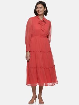 IS.U - Coral Neck Tie Up Tiered Midi Dress