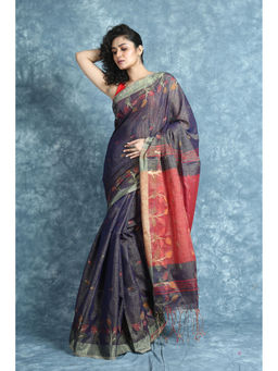 Arhi - Navy Blue Tissue Saree With Allover Zari Weaving & Red Pallu with Unstitched