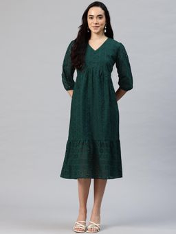 SWI STYLISH - Women Bottle Green Eyelet Self Design Midi Dress