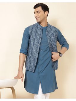 Fabindia - Nuindian Blue Cotton Printed Slim Fit Nehru Jacket