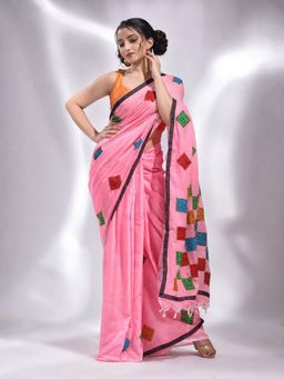 CHARUKRITI - Pink Pure Cotton Handwoven Abstract Designs Saree with Unstitched Blouse