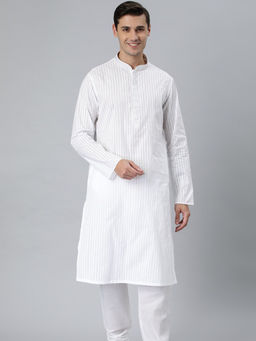 Manthan - White Cotton Full Sleeves Stripe Kurta