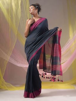 CHARUKRITI - Charcoal Handloom Woven Soft Tassels Saree with Unstitched Blouse