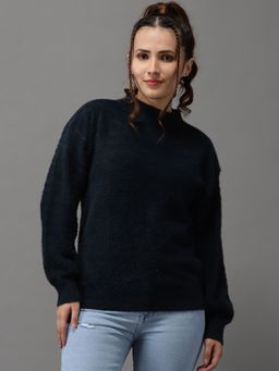 SHOWOFF - Womens Long Sleeves Regular Navy Blue Solid Pullover