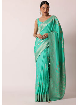 KALKI FASHION - Floral Jaal Zari Pallu Turquoise Banarasi Saree and Unstitched Blouse
