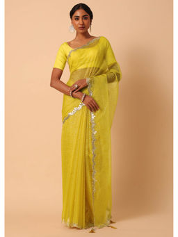 KALKI FASHION - Yellow Organza Saree with Polka Dot Foil Printed Saree with Unstitched Blouse