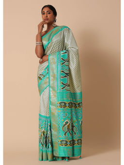 KALKI FASHION - Foil Detail Pallu Sea Green Dola Silk Patola Printed Saree and Unstitched Blouse