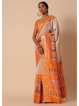 KALKI FASHION - Dola Silk Foil Detail Pallu Orange Patola Printed Saree and Unstitched Blouse