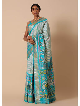 KALKI FASHION - Silk Foil Worked Border Sea Blue Patola Saree with Unstitched Blouse