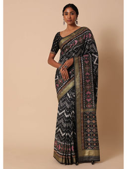 KALKI FASHION - Foil and Patola Print Black Silk Saree with Unstitched Blouse