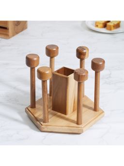 HomeTown - Beautiful Kitchen Wood Drinking Glass and Cutlery Holder Stand - Brown