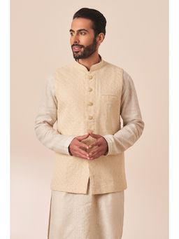 Manyavar - Beige Blended Viscose Self Design Nehru Jacket