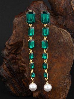 E2O - Women Gold Plated Oval Shaped Green Pearl Drop Earrings