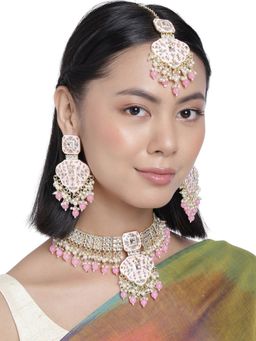 Accessher - Gold Toned Kundan & Pink Enamel Jewellery Set Embellished with Pearls-Bead