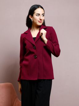AAREIN - Maroon Long Sleeves Polyester Smart Casual Solid Womens Blazers
