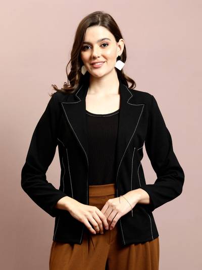 Black Long Sleeves Scuba Smart Casual Solid Womens Blazers