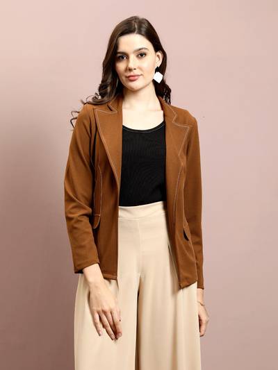 Brown Long Sleeves Scuba Smart Casual Solid Womens Blazers