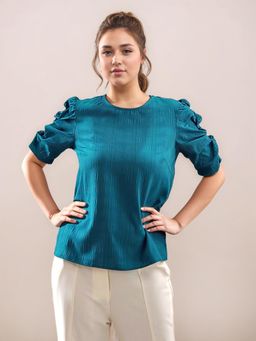 Zink London - Womens Teal Tropical Puff Sleeves Top