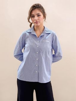Zink London - Womens Blue Stripes Long Sleeves Shirt